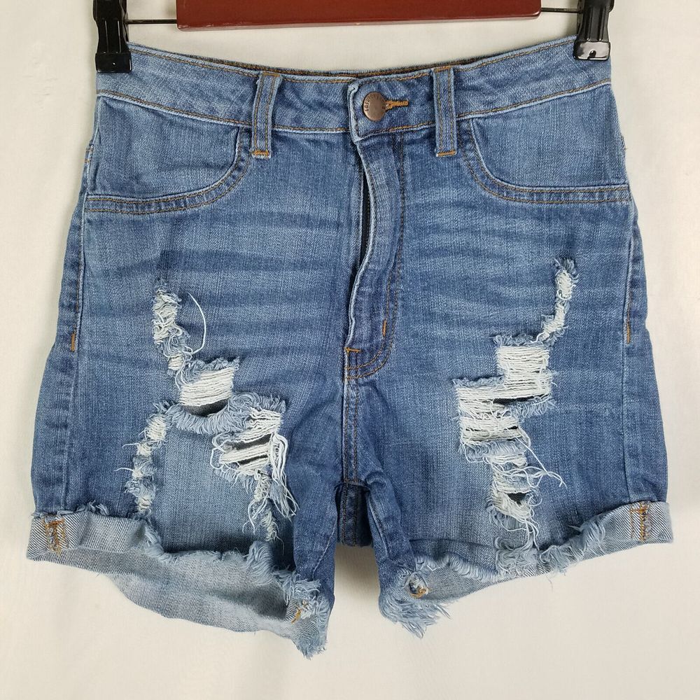 Fashion Nova Denim Shorts Juniors 5 Blue Jean Mid Rise Distressed Medium Wash